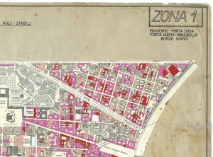 Danni arrecati agli stabili 1:5000, 1942-1945. Zona 1: Municipio, Vanchiglia, Porta Susa, Porta Nuova, Borgo Nuovo. ASCT, Tipi e disegni, cart. 68, fasc. 2 disegno 1, quadrante 1. © Archivio Storico della Città di Torino