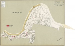 Danni arrecati agli stabili 1:5000, 1942-1945. Zona 19: Madonna del Pilone, Borgate Sassi e Meisino. ASCTo, Tipi e disegni, cart. 68, fasc. 2 disegno 19. © Archivio Storico della Città di Torino