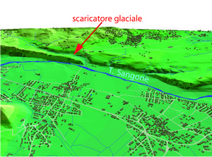 Modello digitale tridimensionale del terreno che evidenzia l’incisione corrispondente all’antico scaricatore glaciale. Dipartimento di Scienze Terra, Università di Torino