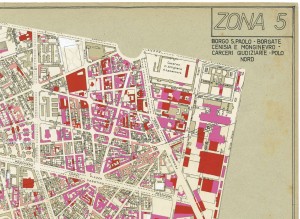 Danni arrecati agli stabili 1:5000, 1942-1945. Zona 5: Borgo San Paolo, Borgate Cenisia e Monginevro, Carceri Giudiziarie, Polo Nord. ASCT, Tipi e disegni, cart. 68, fasc. 2 disegno 5 – quadrante 1. © Archivio Storico della Città di Torino