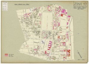 Danni arrecati agli stabili 1:5000, 1942-1945. Zona 10: Santa Rita da Cascia, Stadio Comunale, Ospizio di Carità nuovi mercati. ASCT, Tipi e disegni, cart. 68, fasc. 2 disegno 10. © Archivio Storico della Città di Torino