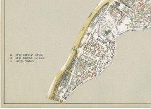 Bombe e mezzi incendiari lanciati 1:5000, 1942-1945. Zona 20: Motovelodromo - Borgo Po - Borgo Crimea. ASCT, Tipi e disegni, cart. 68, fasc. 1 disegno 20, quadrante 3. © Archivio Storico della Città di Torino