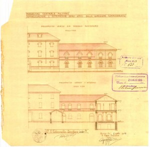 Sopraelevazione e sistemazione degli uffici della “Direzione Commissariato”, Prospetto verso via Avogadro e sul lato corte, 1913.