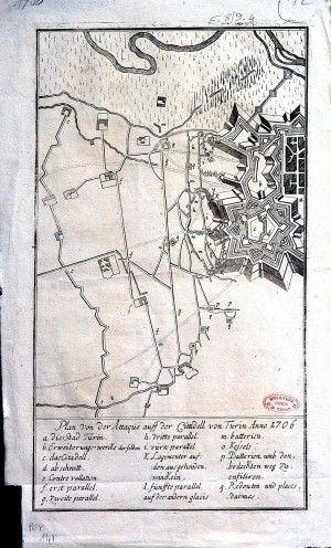 Pianta della cittadella con le posizioni degli assedianti nel 1706 (1730 circa)