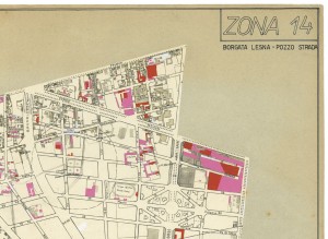 Danni arrecati agli stabili 1:5000, 1942-1945. Zona 14: Borgata Lesna, Pozzo Strada. ASCT, Tipi e disegni, cart. 68, fasc. 2 disegno 14 – quadrante 1. © Archivio Storico della Città di Torino