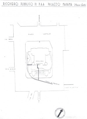 Planimetria del ricovero pubblico Palazzo Madama, scala 1:1500. ASCT, Miscellanea sicurezza pubblica 58. © Archivio Storico della Città di Torino