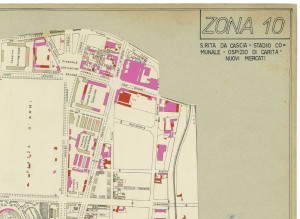 Danni arrecati agli stabili 1:5000, 1942-1945. Zona 10: Santa Rita da Cascia, Stadio Comunale, Ospizio di Carità nuovi mercati. ASCT, Tipi e disegni, cart. 68, fasc. 2 disegno 10 – quadrante 1. © Archivio Storico della Città di Torino