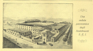 Lo stabilimento SEI di Via Borgaro in un disegno del 1927, pubblicato sulla rivista «Sincronizzando…», n. 9, 1927. ©Archivio Storico Telecom Italia.