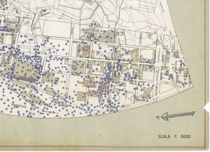 Bombe e mezzi incendiari lanciati 1:5000, 1942-1945. Zona 11: Molinette - Millefonti Nuova Barriera di Nizza. ASCT, Tipi e disegni,cart. 68, fasc. 1 disegno 11, quadrante 2. © Archivio Storico della Città di Torino