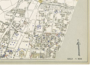 Bombe e mezzi incendiari lanciati 1:5000, 1942-1945. Zona 15: Borgate Parella e Lionetto - Aeronautica - Pellerina. ASCT, Tipi e disegni, cart. 68, fasc. 1 disegno 15, quadrante 2. © Archivio Storico della Città di Torino