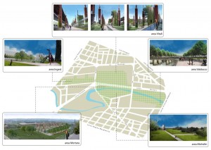 Vista di insieme dei render di progetto dei cinque lotti che compongono il parco. Render: Parco Dora - Spina 3 - STS, Latz + Partner e al. per la Città di Torino.
