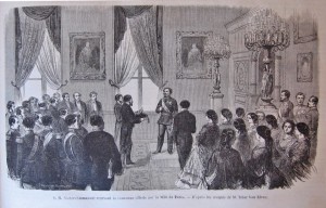 Vittorio Emanuele II riceve la corona offertagli dalla città di Torino. Litografia da 
