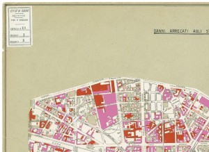 Danni arrecati agli stabili 1:5000, 1942-1945. Zona 3: Borgo Dora, Valdocco, Aurora, Borgo Rossini, Gasometro. ASCT, Tipi e disegni, cart. 68, fasc. 2 disegno 3 – quadrante 4. © Archivio Storico della Città di Torino