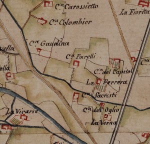 Cascina Rivagagliarda e cascina San Tommaso. Carta delle Regie Cacce, 1816, ©Archivio di Stato di Torino.