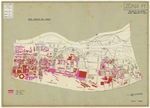 Danni arrecati agli stabili 1:5000, 1942-1945. Zona 11: Molinette, Millefonti, Nuova Barriera di Nizza. ASCT, Tipi e disegni, cart. 68, fasc. 2 disegno 11. © Archivio Storico della Città di Torino