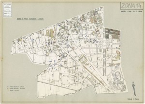 Bombe e mezzi incendiari lanciati 1:5000, 1942-1945. Zona 14: Borgata Lesna - Pozzo Strada. ASCT, Tipi e disegni, cart. 68, fasc. 1 disegno 14. © Archivio Storico della Città di Torino    