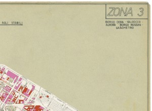 Danni arrecati agli stabili 1:5000, 1942-1945. Zona 3: Borgo Dora, Valdocco, Aurora, Borgo Rossini, Gasometro. ASCT, Tipi e disegni, cart. 68, fasc. 2 disegno 3 – quadrante 1. © Archivio Storico della Città di Torino