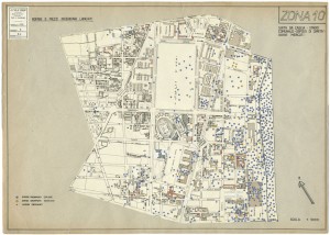 Bombe e mezzi incendiari lanciati 1:5000, 1942-1945. Zona 10: S.Rita da Cascia - Stadio Comunale - Ospizio di Carita'- Nuovi Mercati. ASCT, Tipi e disegni, cart. 68, fasc. 1 disegno 10. © Archivio Storico della Città di Torino    