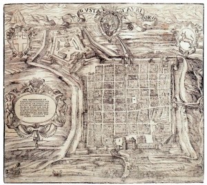 Johann Criegher su disegno di Giovanni Caracca, Augusta Taurinorum di Emanuele Filiberto Pingone (1577). Pianta prospettica di Torino con la Cittadella, 1572. © Biblioteca Reale di Torino, Incisioni, III 16