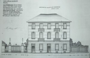 Prospetto su via Ferrara (oggi corso Umbria) della seconda palazzina per uso uffici e abitazioni, nel progetto del Cotonificio Valle Susa, 1920. ASCT, Progetti edilizi, I categoria, pratica 206, case d’abitazione, 1920. © Archivio Storico della Città di Torino