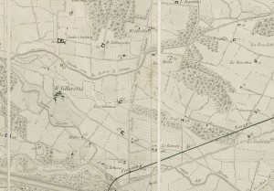 Particolare dell’area su cui sarebbe sorta la cascina Gli Stessi e poi la Falchera Vecchia, dalla Carta topografica dei contorni di Torino, di Antonio Rabbini, incisione di Vittorio Angeli, 1878. ASCT, Collezione Simeom, D 116. © Archivio Storico della Città di Torino