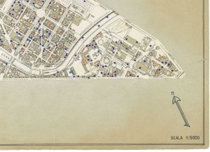 Bombe e mezzi incendiari lanciati 1:5000, 1942-1945. Zona 3: Borgo Dora - Valdocco - Aurora - Borgo Rossini - Gasometro. ASCT, Tipi e disegni, cart. 68, fasc. 1 disegno 3, quadrante 2. © Archivio Storico della Città di Torino 