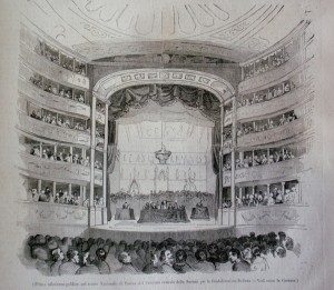 Teatro Regio. Prima adunanza pubblica del Comitato centrale della Società per la Confederazione Italiana. Litografia da 