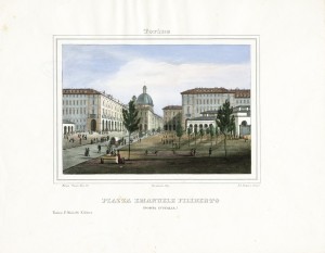 Piazza Emanuele Filiberto. Litografia di Doyen su disegno di E. Gonin, 1839. © Archivio Storico della Città di Torino.