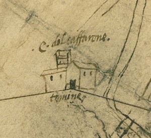 Cascina Saffarona. Fratelli De Ferrari, Giacomo Rossignolo, Disegno dei confini tra Torino, Grugliasco e Collegno, 1579-1580, © Archivio Storico della Città di Torino