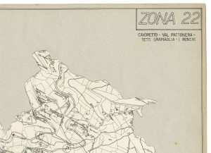 Danni arrecati agli stabili 1:5000, 1942-1945. Zona 22: Cavoretto, Val Pattonera, Tetti Gramaglia, I Ronchi. ASCT, Tipi e disegni, cart. 68, fasc. 2 disegno 22 – quadrante 1. © Archivio Storico della Città di Torino