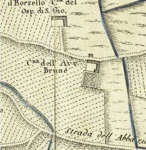 Cascina Bruné. Giovanni Lorenzo Amedeo Grossi, Carta Corografica dimostrativa del territorio della Città di Torino, 1791, © Archivio Storico della Città di Torino.