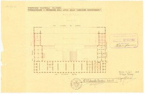 Sopraelevazione e sistemazione degli uffici della “Direzione Commissariato”, planimetria dove è visibile anche la pianta del Magazzino Centrale Militare, oggi Caserma Ettore De Sonnaz, 1913.