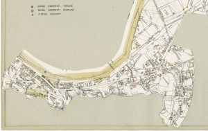 Bombe e mezzi incendiari lanciati 1:5000, 1942-1945. Zona 19: Madonna del Pilone - Borgate Sassi e Meisino. ASCT, Tipi e disegni, cart. 68, fasc. 1 disegno 19, quadrante 3. © Archivio Storico della Città di Torino 