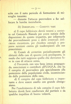 Unione Nazionale Protezione Antiaerea. Norme per il capo fabbricato, pagina 7 di 8. ASCT, Miscellanea sicurezza pubblica 58. © Archivio Storico della Città di Torino