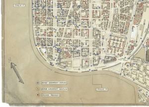 Bombe e mezzi incendiari lanciati 1:5000, 1942-1945. Zona 2: Borgo S.Salvario - Parco del Valentino - Vecchia Barriera di Nizza - Borgo San Secondo - Crocetta. ASCT, Tipi e disegni, cart. 68, fasc. 1 disegno 2, quadrante 3. © Archivio Storico della Città di Torino