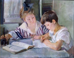 Armando Spadini, Bambini che studiano, 1918, olio su tela.  Roma, Collezione Banca d’Italia