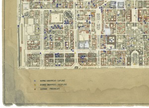 Bombe e mezzi incendiari lanciati 1:5000, 1942-1945. Zona 1: Municipio - Porta Susa - Porta nuova - Vanchiglia - Borgo Nuovo. ASCT, Tipi e disegni, cart. 68, fasc. 1 disegno 1, quadrante 3. © Archivio Storico della Città di Torino 