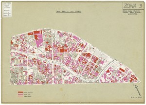 Danni arrecati agli stabili 1:5000, 1942-1945. Zona 3: Borgo Dora, Valdocco, Aurora, Borgo Rossini, Gasometro. ASCT, Tipi e disegni, cart. 68, fasc. 2 disegno 3. © Archivio Storico della Città di Torino