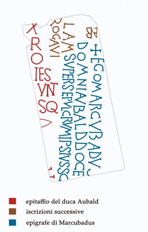 Disegno dell'epitaffio del duca Aubald e delle iscrizioni successive, © Soprintendenza per i Beni Archeologici del Piemonte e del Museo Antichità Egizie