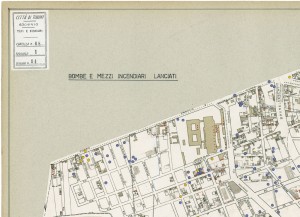 Bombe e mezzi incendiari lanciati 1:5000, 1942-1945. Zona 14: Borgata Lesna - Pozzo Strada. ASCT, Tipi e disegni, cart. 68, fasc. 1 disegno 14, quadrante 4. © Archivio Storico della Città di Torino