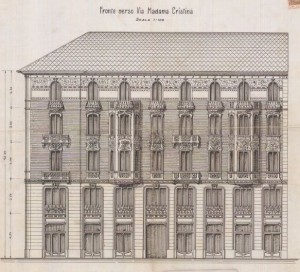 Facciata verso via Madama Cristina - progetto edilizio casa Grasso/Santonè (ASCT, PE I cat. 1909/54)