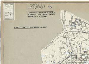 Bombe e mezzi incendiari lanciati 1:5000, 1942-1945. Zona 4: Campidoglio - Martinetto - Borgo S.Donato - Foro Boario - Boringhieri - Tesoriera. ASCT, Tipi e disegni, cart. 68, fasc. 1 disegno 4, quadrante 4. © Archivio Storico della Città di Torino