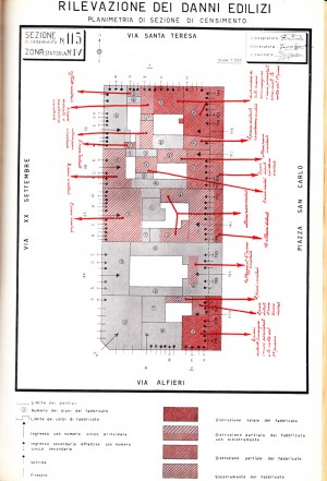 Scheda tipo e legenda per la lettura delle planimetrie realizzate a cura dell'Ufficio Protezione Antiaerea per rilevare i danni riportati dagli edifici a seguito di bombardamenti. Annuario Statistico della Città di Torino, 1943. © Archivio Storico della Città di Torino