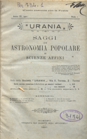 «Saggi di Astronomia popolare», 1920, copertina