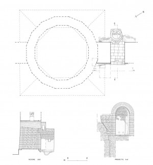 Pianta, sezione e prospetto della torre, rilievo G. Abrardi, © Soprintendenza per i Beni Archeologici del Piemonte e del Museo Antichità Egizie