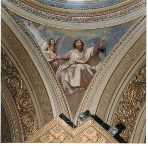 Francesco Gonin (1808-1889), Padre della Chiesa, affresco su un pennacchio all’imposta della cupola, 1852, chiesa di San Massimo. Fotografia del 2002