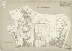 Bombe e mezzi incendiari lanciati 1:5000, 1942-1945. Zona 6: Vanchiglietta - Cimitero Generale - Borgata Maddalene - Regio Parco. ASCT, Tipi e disegni, cart. 68, fasc. 1 disegno 6. © Archivio Storico della Città di Torino 