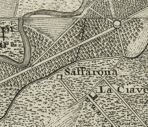 Cascina Saffarona. Michele Antonio Boglione, Disegno dei confini territoriali tra la città, Gonzole, Borgaretto e Beinasco, 1785, © Archivio Storico della Città di Torino