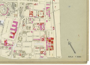 Danni arrecati agli stabili 1:5000, 1942-1945. Zona 10: Santa Rita da Cascia, Stadio Comunale, Ospizio di Carità nuovi mercati. ASCT, Tipi e disegni, cart. 68, fasc. 2 disegno 10 – quadrante 2. © Archivio Storico della Città di Torino