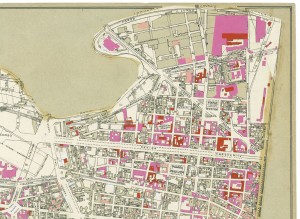 Danni arrecati agli stabili 1:5000, 1942-1945. Zona 4: Campidoglio, Martinetto, Borgo San Donato, Foro Boario, Borin, Ghieri, Tesoriera. ASCT, Tipi e disegni, cart. 68, fasc. 2 disegno 4, quadrante 1. © Archivio Storico della Città di Torino